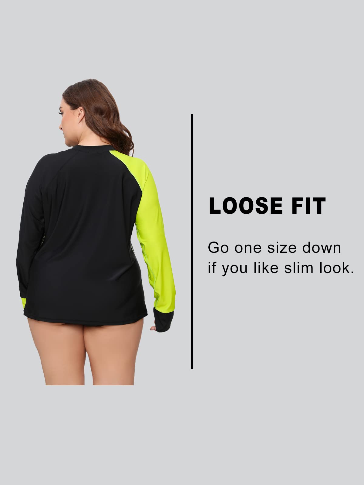 Halcurt Womens Plus Size Rash Guard Top Long Sleeve Thumb Hole Swim Shirt Neon Green Black 1X