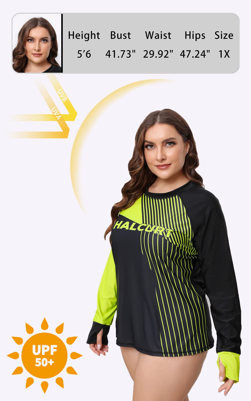 Halcurt Womens Plus Size Rash Guard Top Long Sleeve Thumb Hole Swim Shirt Neon Green Black 1X