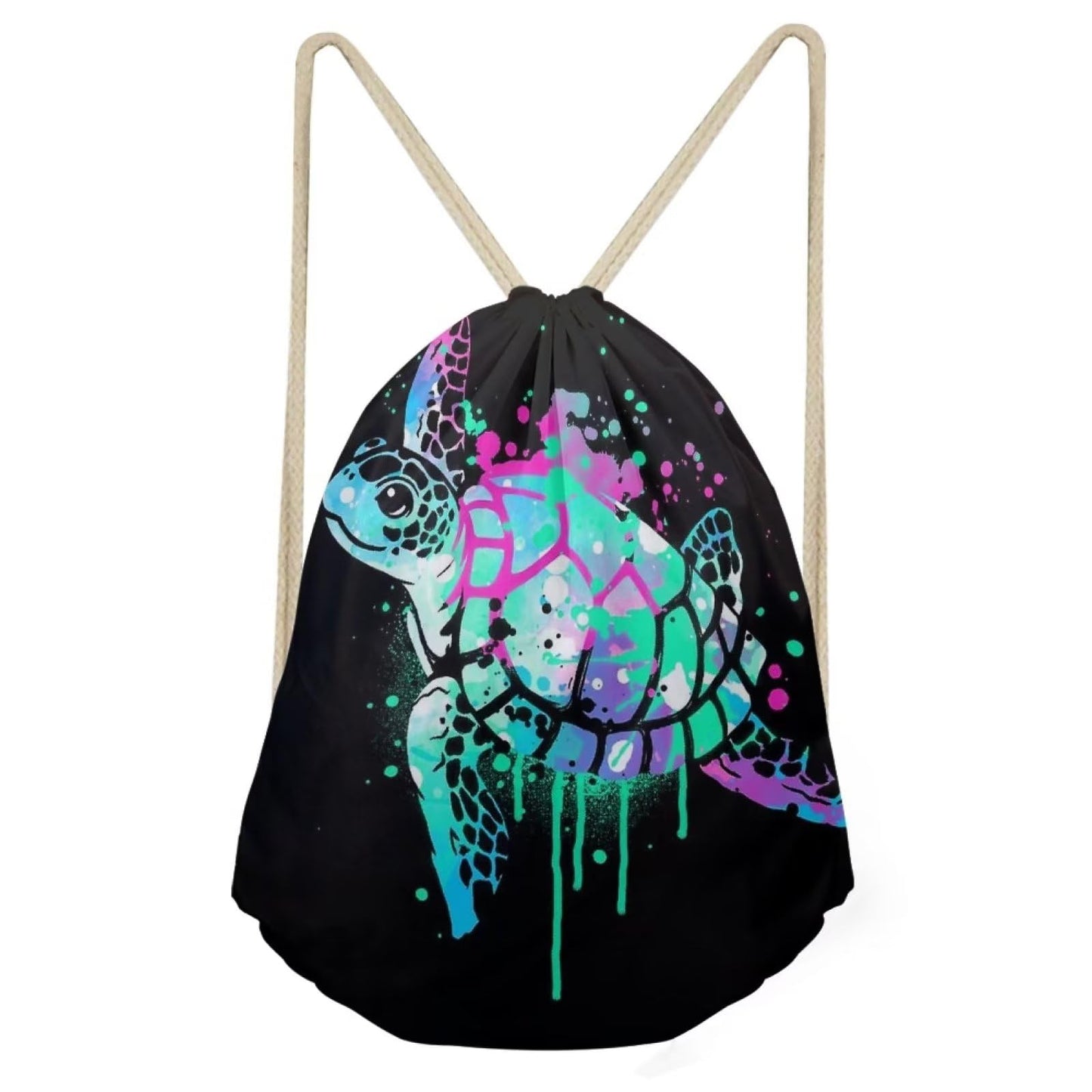 COEQINE Neon Sea Turtle Print Women Men Drawstring Bag Chrsitmas Casual Backpack Sport Gym Sackpack for Girls Boys Black Stain Resistant