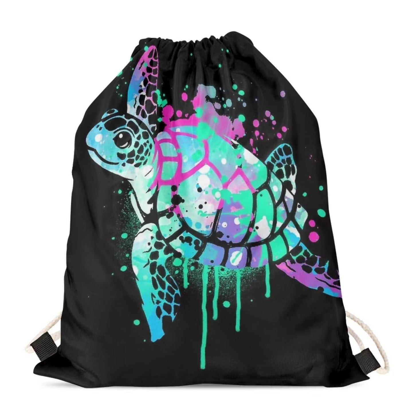 COEQINE Neon Sea Turtle Print Women Men Drawstring Bag Chrsitmas Casual Backpack Sport Gym Sackpack for Girls Boys Black Stain Resistant