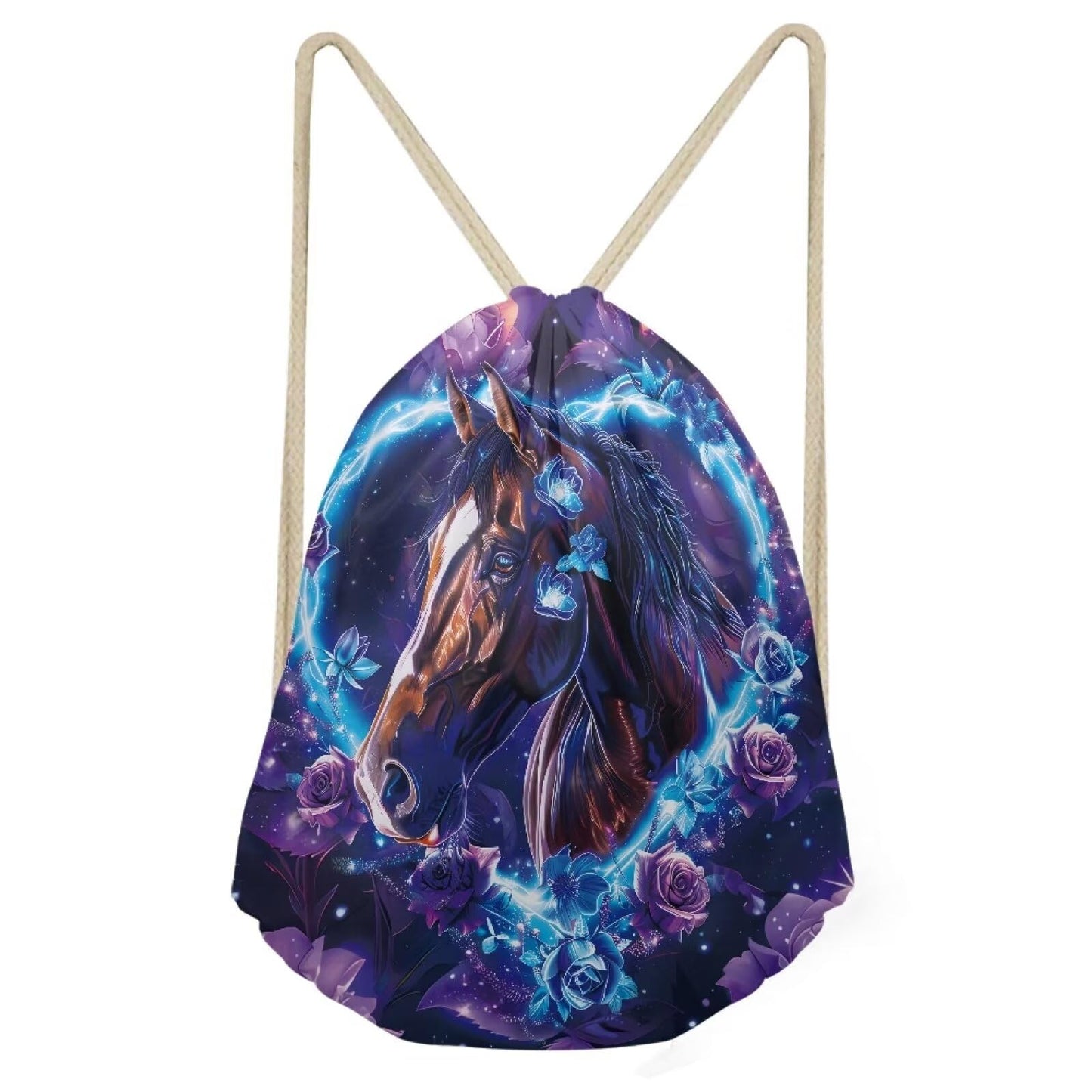 COEQINE Girls Drawstring Backpack Party Horse Rose Floral Book Bag Drawstring Gym Bag Purple Black Neon Animal Pattern School Bag