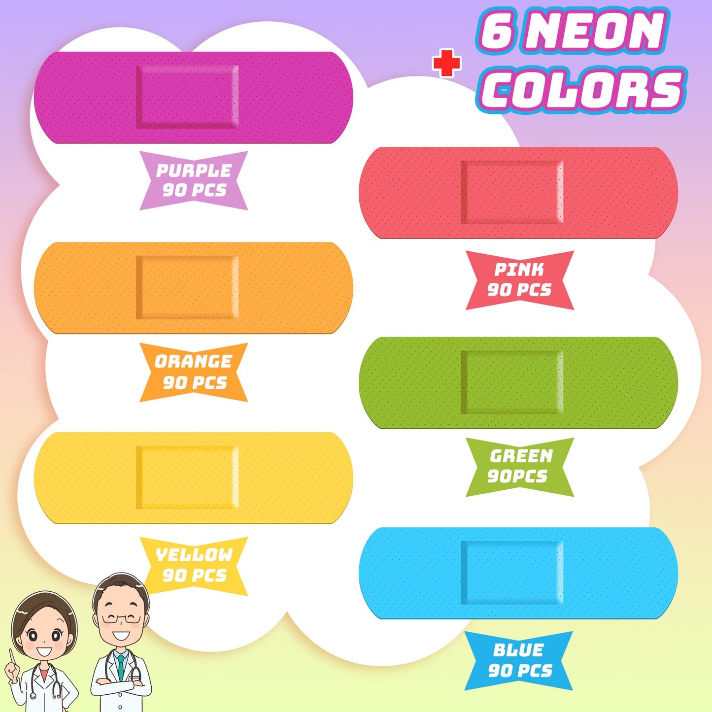 Yinder Kids Bandages Bulk Colorful Flexible Bandages Neon Waterproof Breathable Bandages Strip Protect Cuts and Scrapes for Children Toddlers, 2.83'' x 0.75''(540 Pcs)
