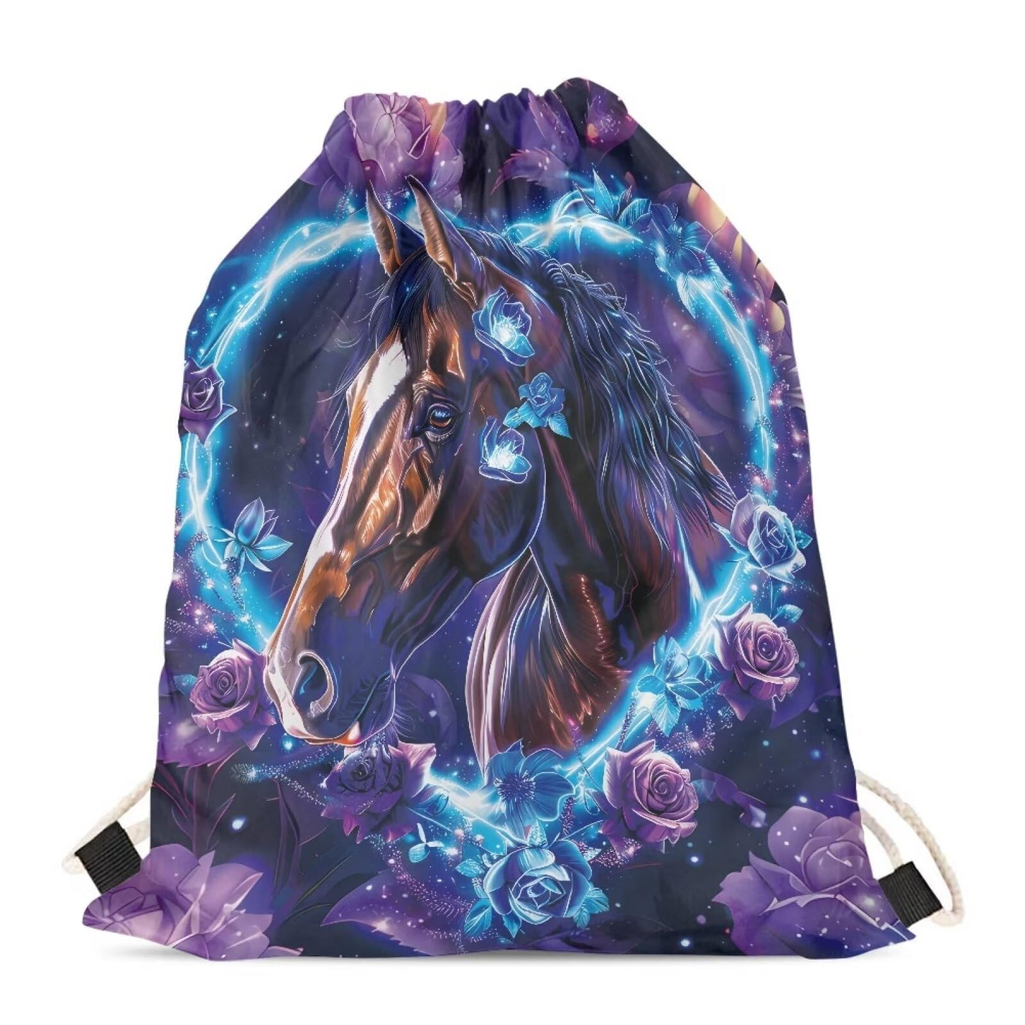 COEQINE Girls Drawstring Backpack Party Horse Rose Floral Book Bag Drawstring Gym Bag Purple Black Neon Animal Pattern School Bag