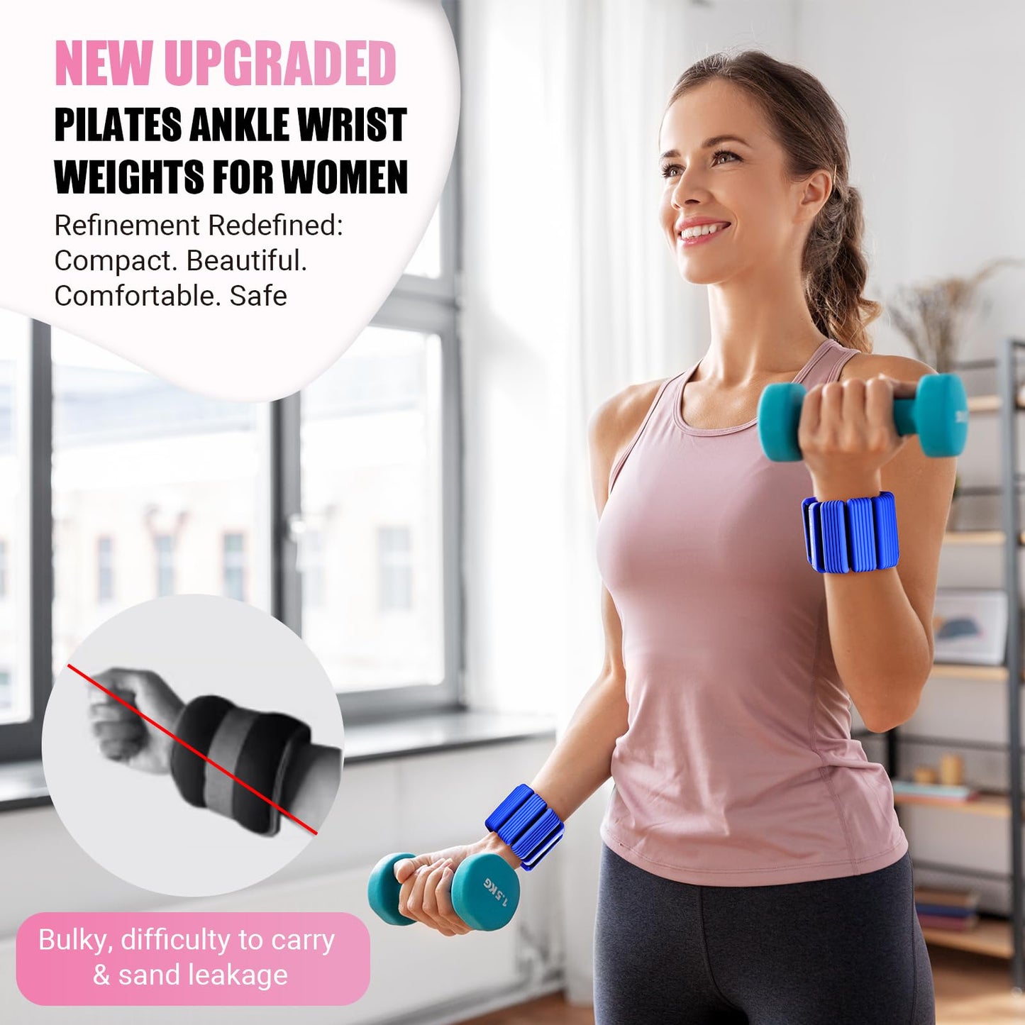 Pilates Wrist & Ankle Weights for Women, Wearable Strong Arm & Leg Weights Set of 2(1Lbs Each), Adjustable Ankle Weights for Walking, Yoga, Dance, Barre,Gym