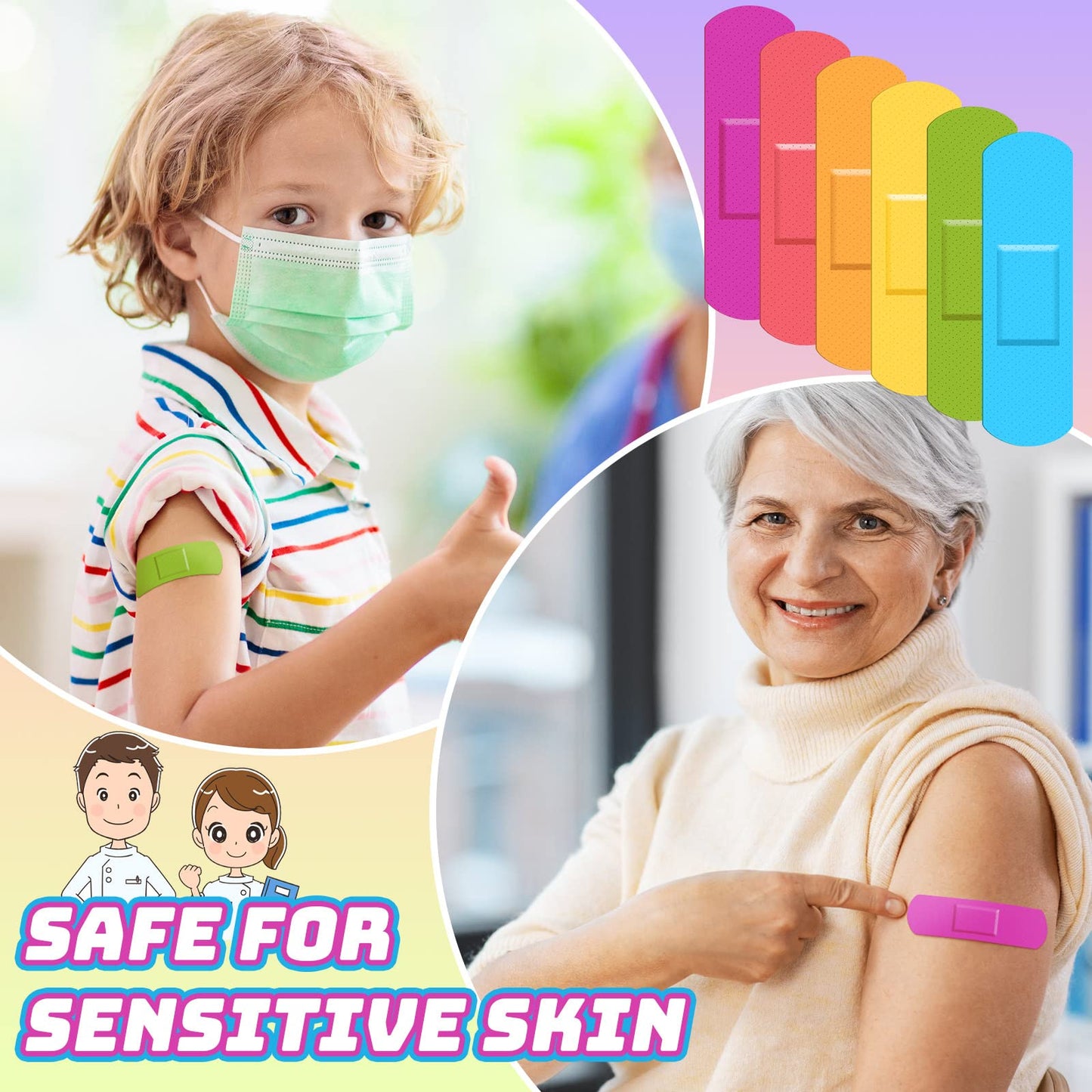 Yinder Kids Bandages Bulk Colorful Flexible Bandages Neon Waterproof Breathable Bandages Strip Protect Cuts and Scrapes for Children Toddlers, 2.83'' x 0.75''(540 Pcs)