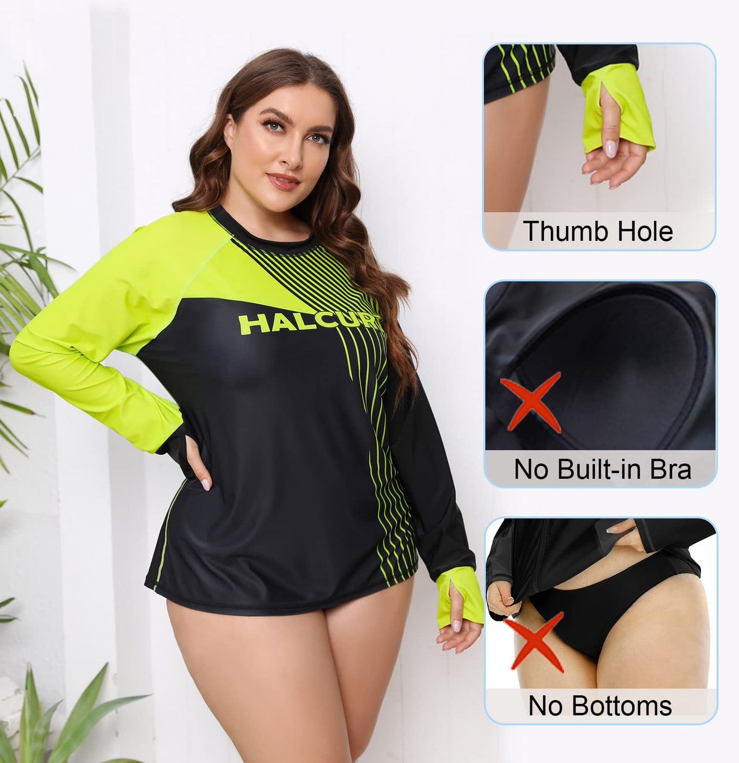 Halcurt Womens Plus Size Rash Guard Top Long Sleeve Thumb Hole Swim Shirt Neon Green Black 1X