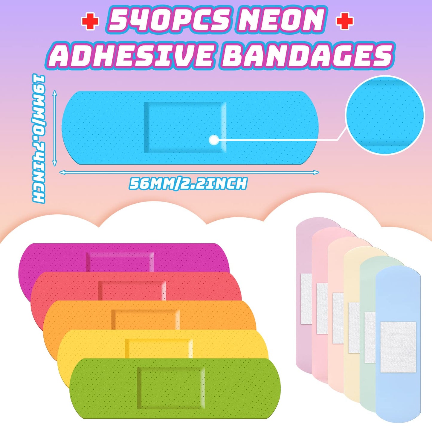 Yinder Kids Bandages Bulk Colorful Flexible Bandages Neon Waterproof Breathable Bandages Strip Protect Cuts and Scrapes for Children Toddlers, 2.83'' x 0.75''(540 Pcs)