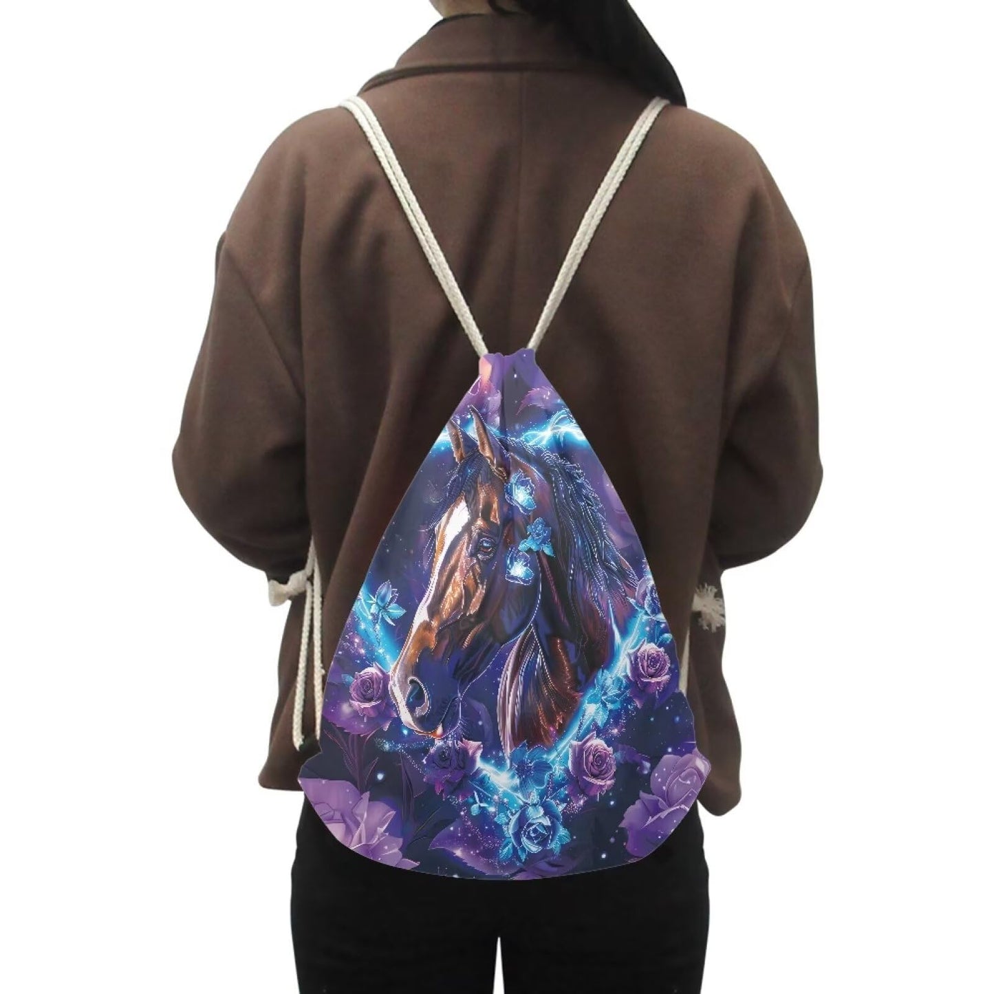 COEQINE Girls Drawstring Backpack Party Horse Rose Floral Book Bag Drawstring Gym Bag Purple Black Neon Animal Pattern School Bag