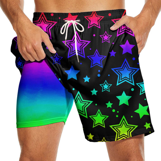 Prowinly Men's Neon Color Star Swim Trunks Compression Liner 7'' Party Beach Shorts Board Shorts with Pockets XXL